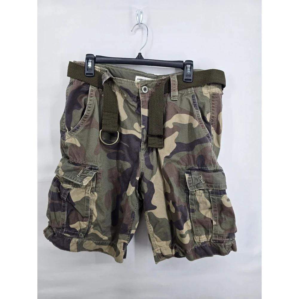American Eagle Classic Camo Cargo Shorts Mens 34 GreenWoodland Camouflage Belted